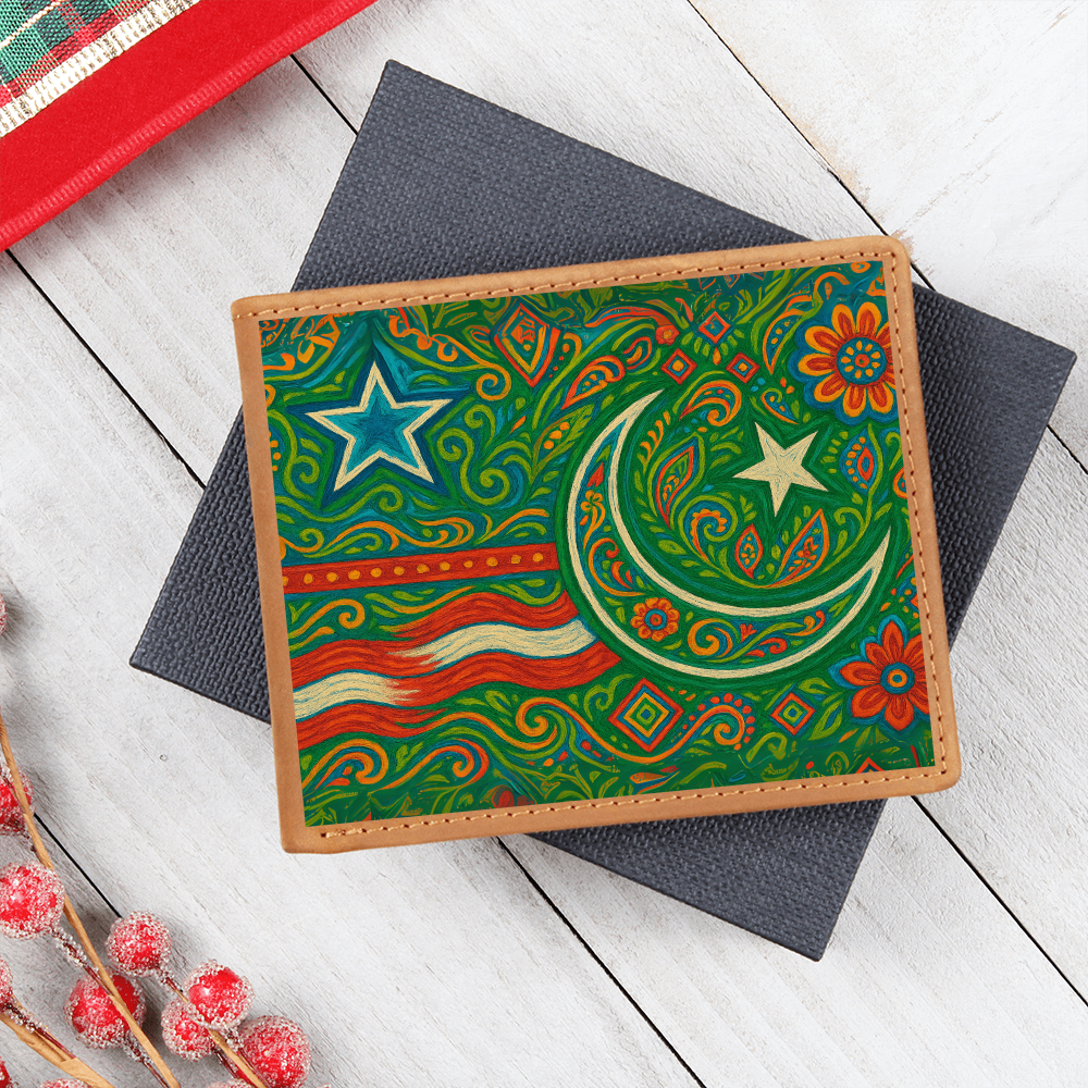 USA and Pakistan Inspired Graphic Leather Wallet by Iqra Rabbani