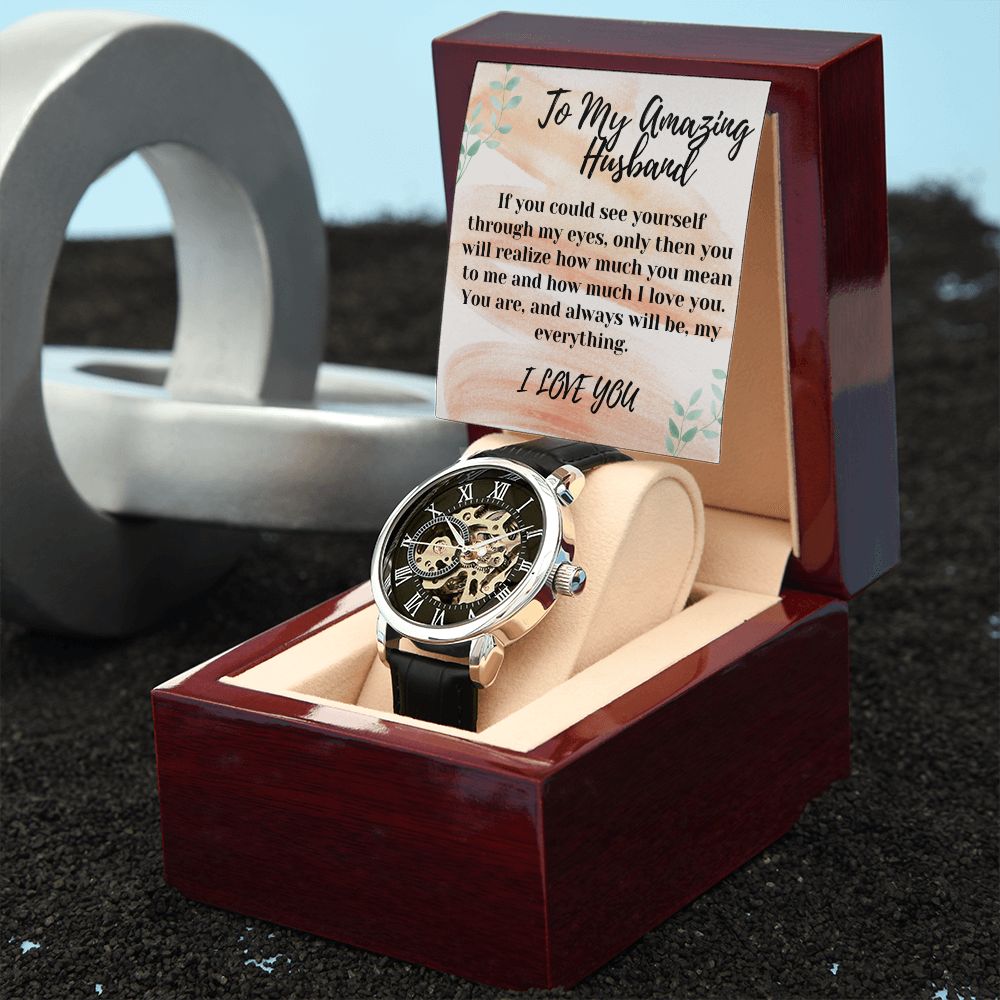 To My Amazing Husband Black Openwork Watch Gift For Him