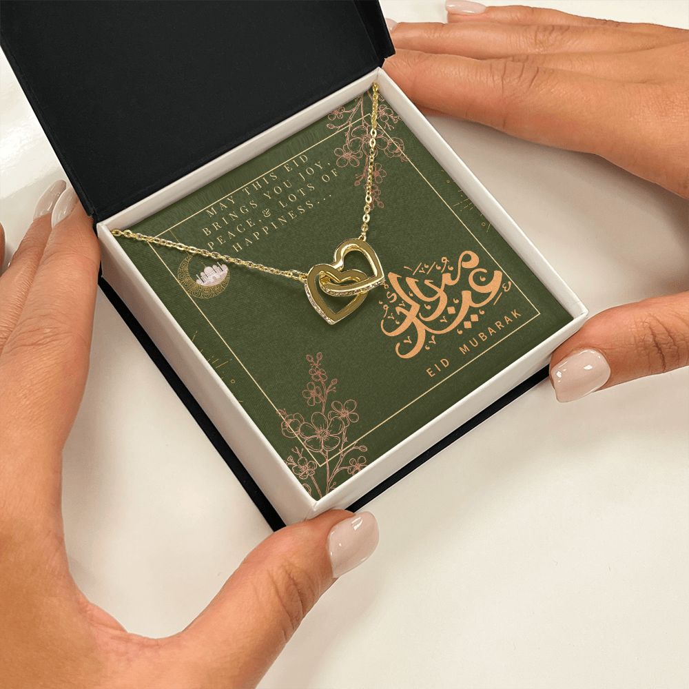 Eid Mubarak Two Heart Interlocking Necklace (Yellow & White Gold Variant) Gift For Her