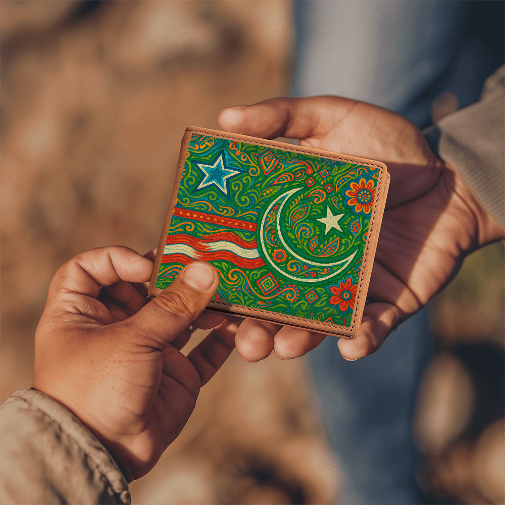 USA and Pakistan Inspired Graphic Leather Wallet by Iqra Rabbani
