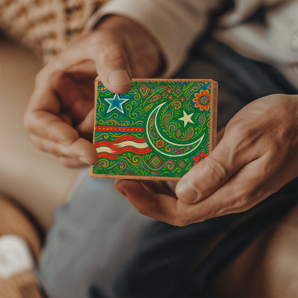 USA and Pakistan Inspired Graphic Leather Wallet by Iqra Rabbani