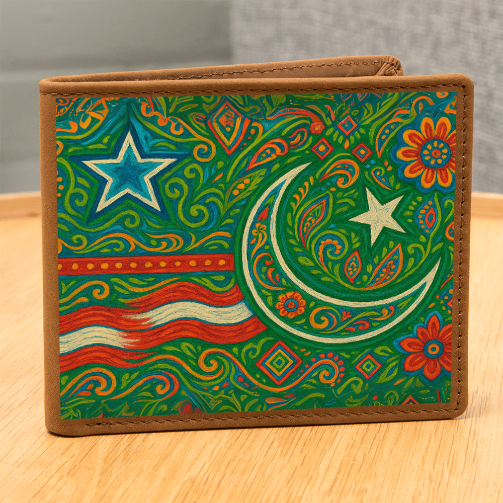 USA and Pakistan Inspired Graphic Leather Wallet by Iqra Rabbani