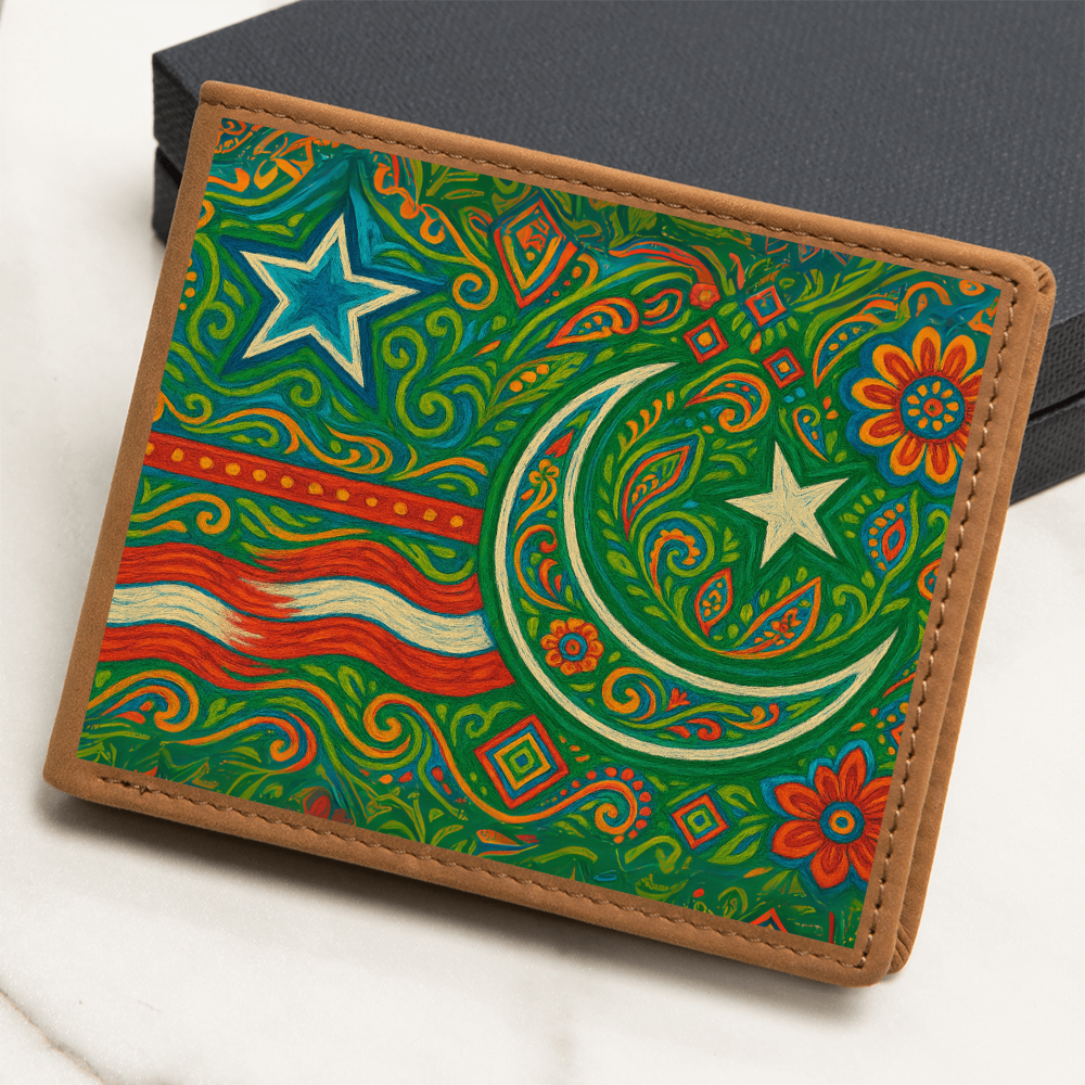 USA and Pakistan Inspired Graphic Leather Wallet by Iqra Rabbani