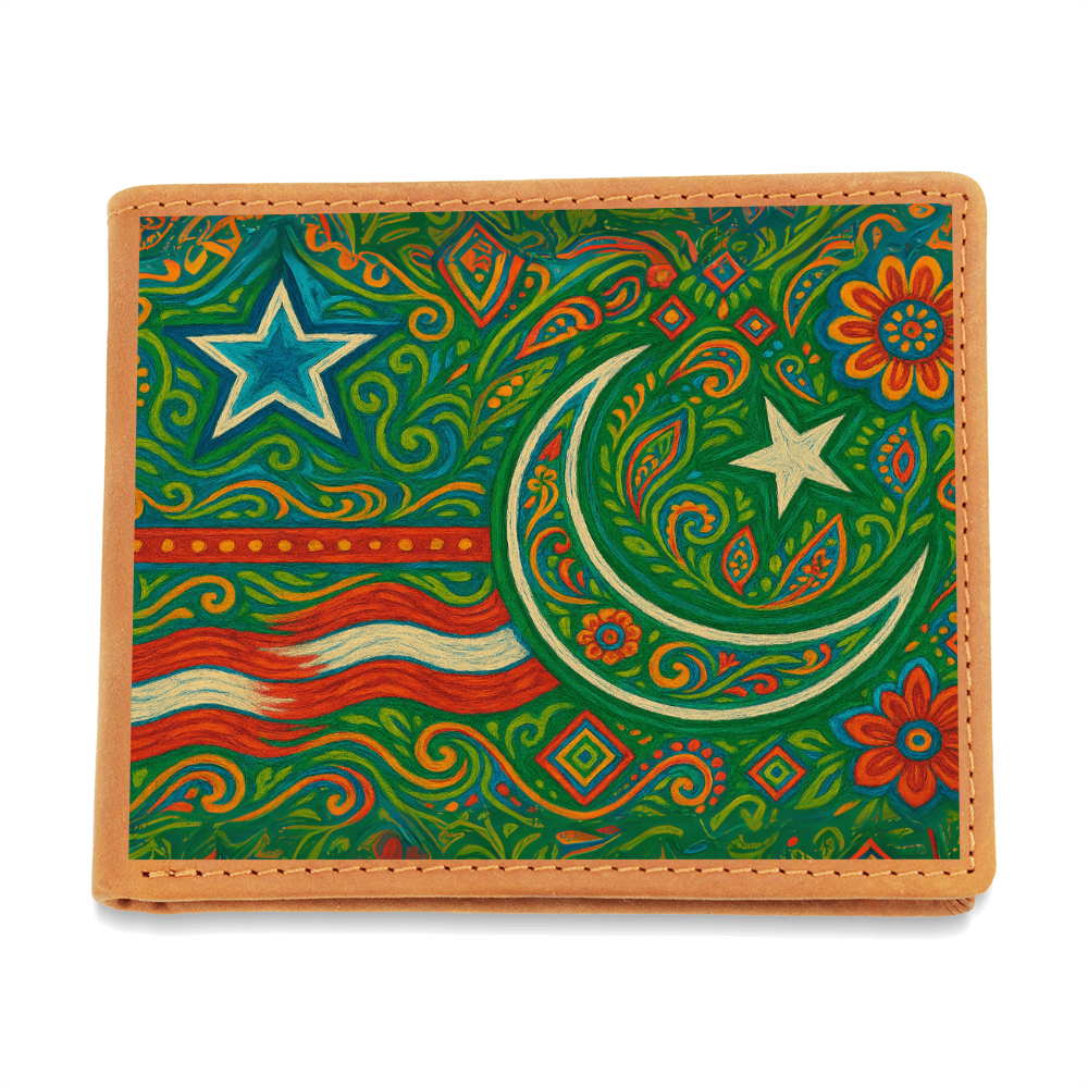USA and Pakistan Inspired Graphic Leather Wallet by Iqra Rabbani