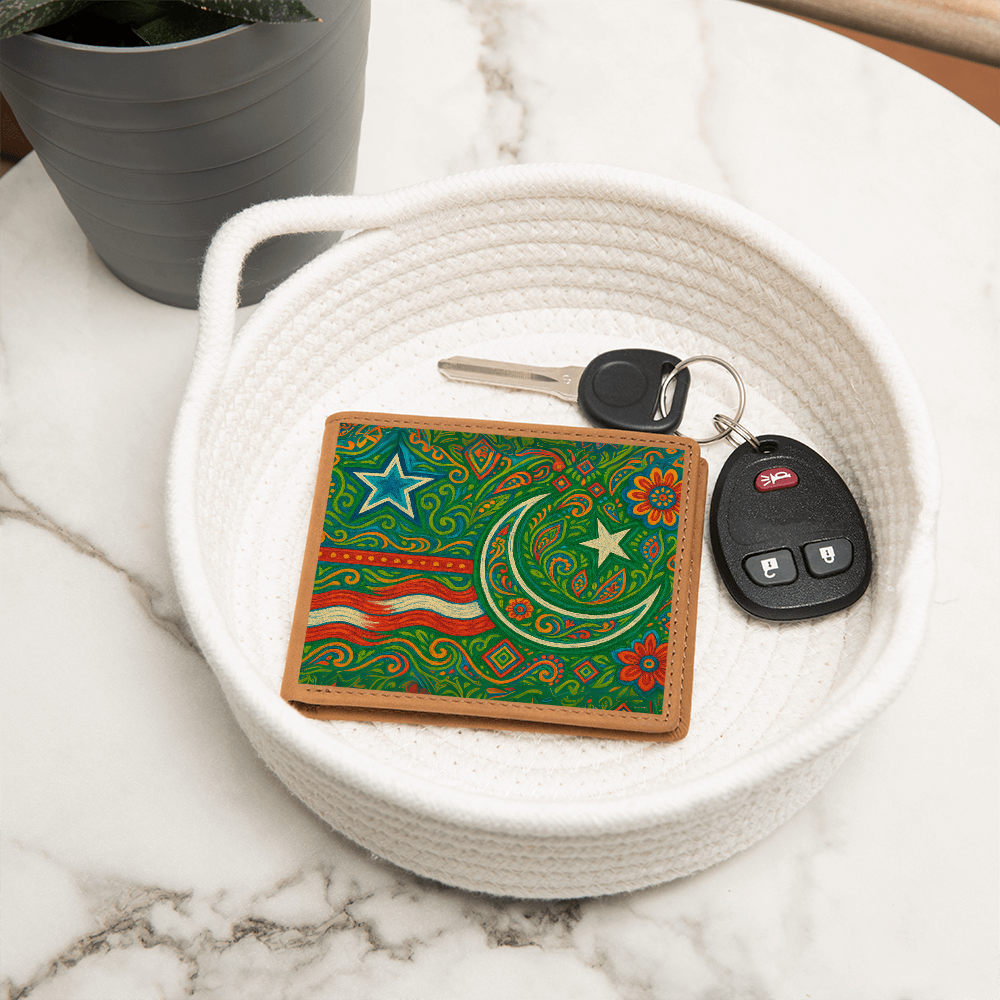 USA and Pakistan Inspired Graphic Leather Wallet by Iqra Rabbani