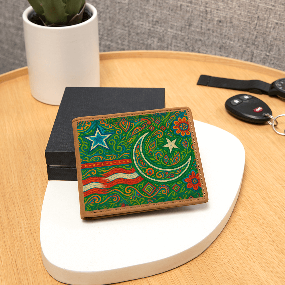USA and Pakistan Inspired Graphic Leather Wallet by Iqra Rabbani