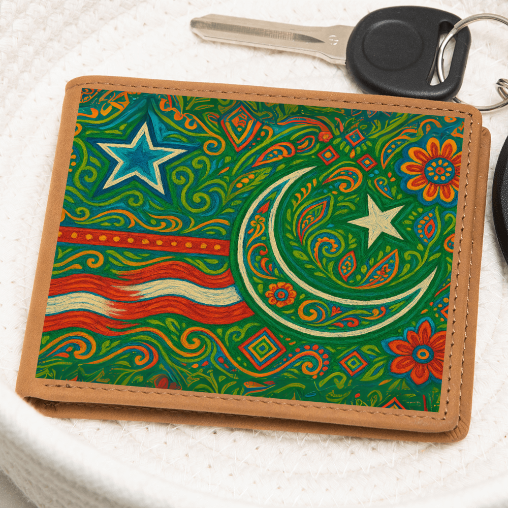USA and Pakistan Inspired Graphic Leather Wallet by Iqra Rabbani
