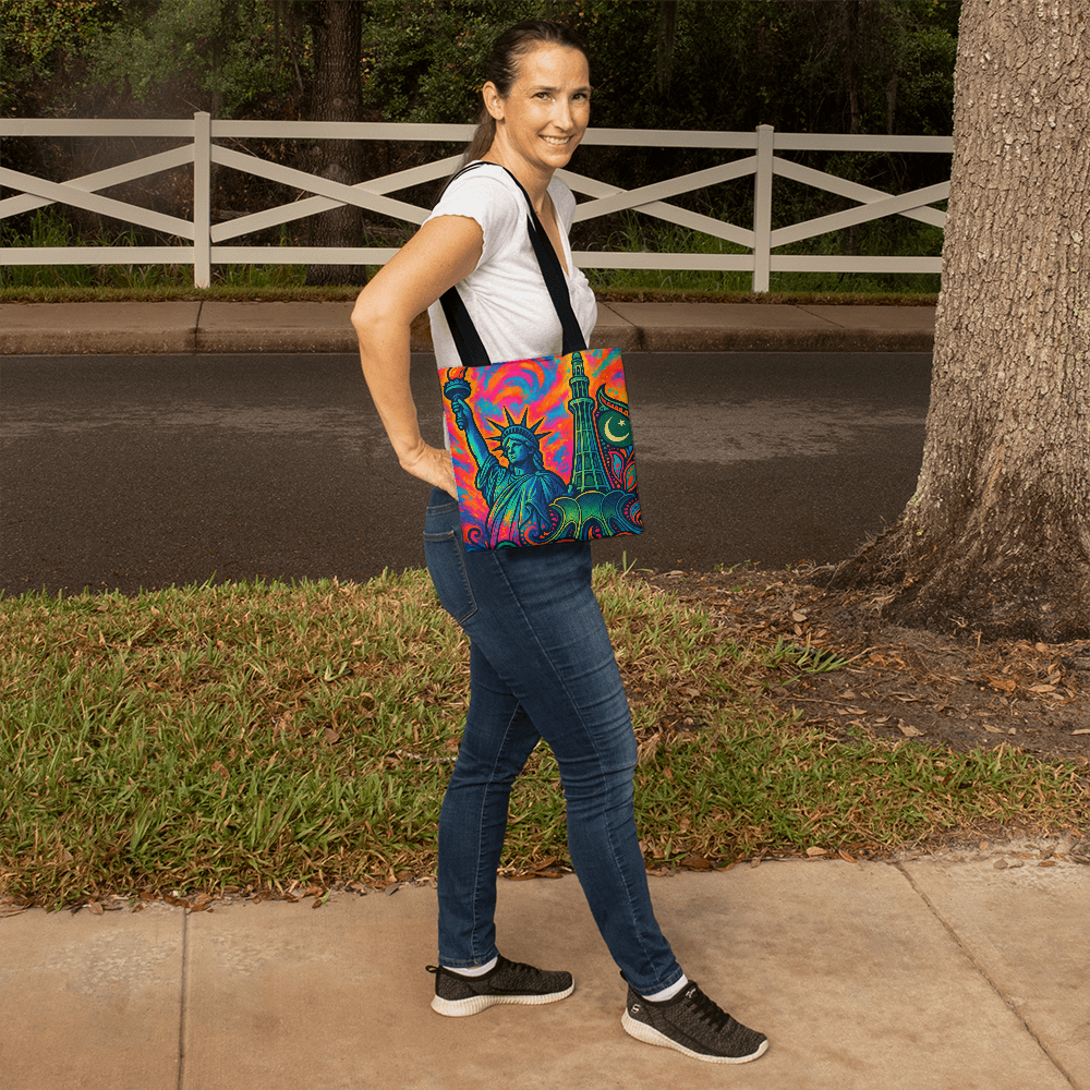 Cultural Symphony: Liberty & Minar Tote Bag by Iqra Rabbani