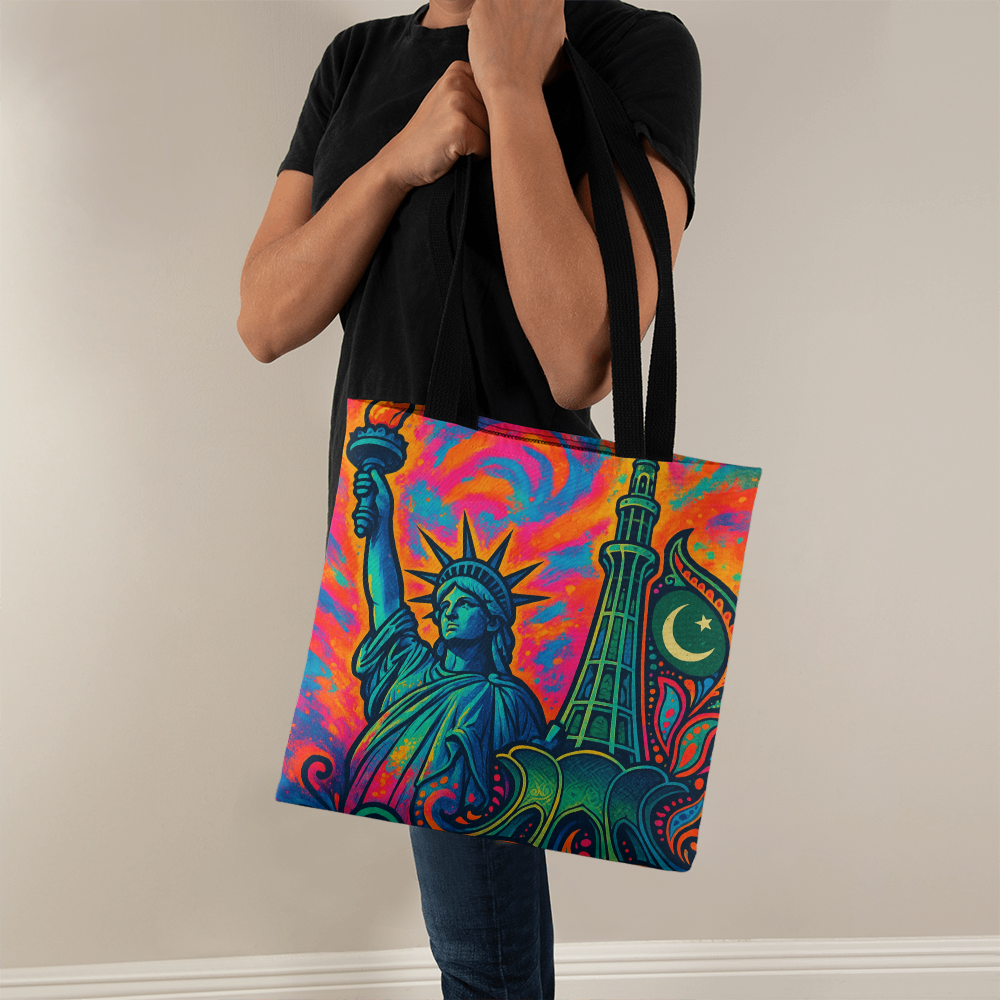 Cultural Symphony: Liberty & Minar Tote Bag by Iqra Rabbani