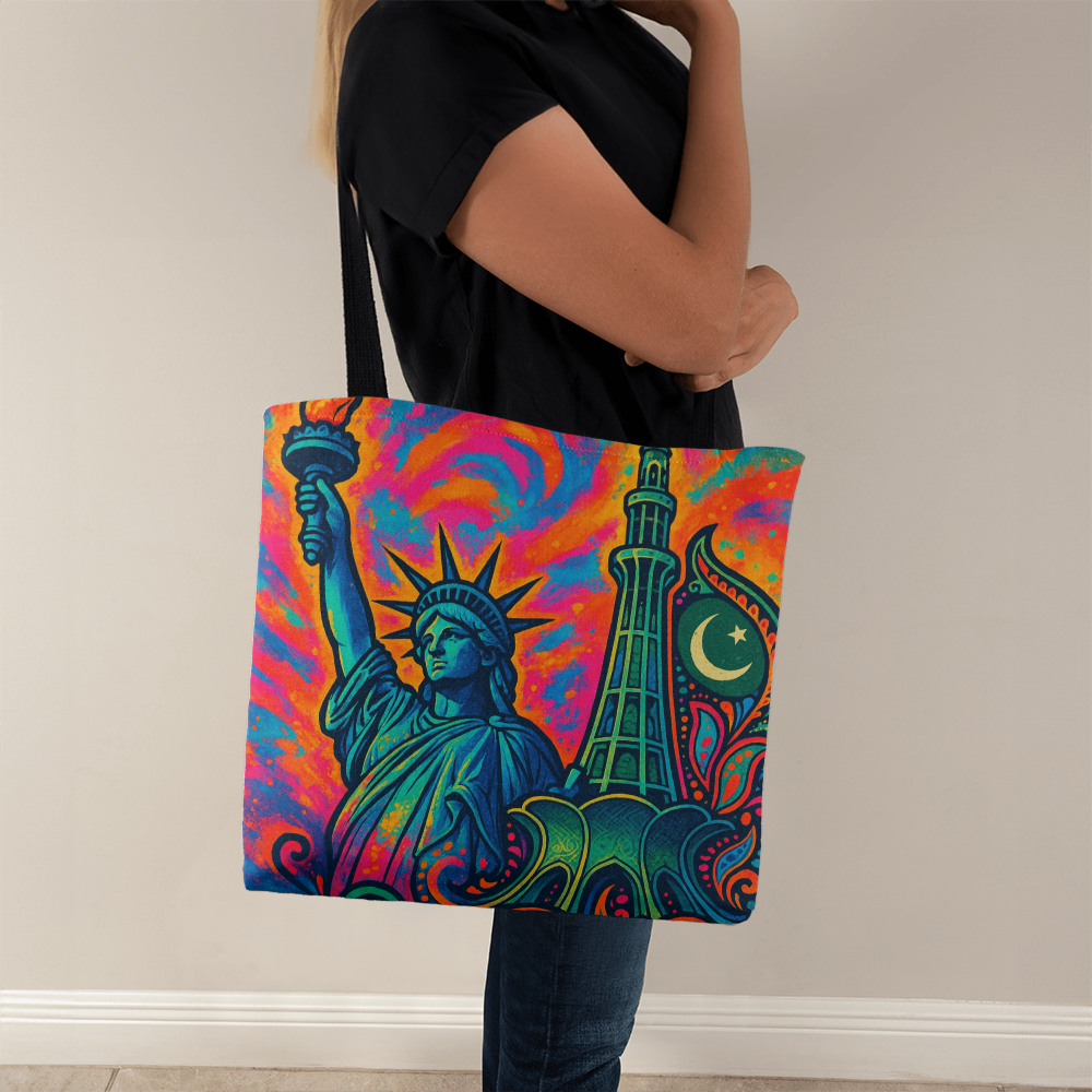 Cultural Symphony: Liberty & Minar Tote Bag by Iqra Rabbani