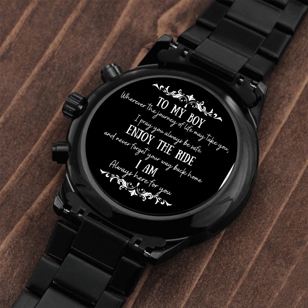 To My Boy Engraved Design Black Chronograph Watch Gift For Him
