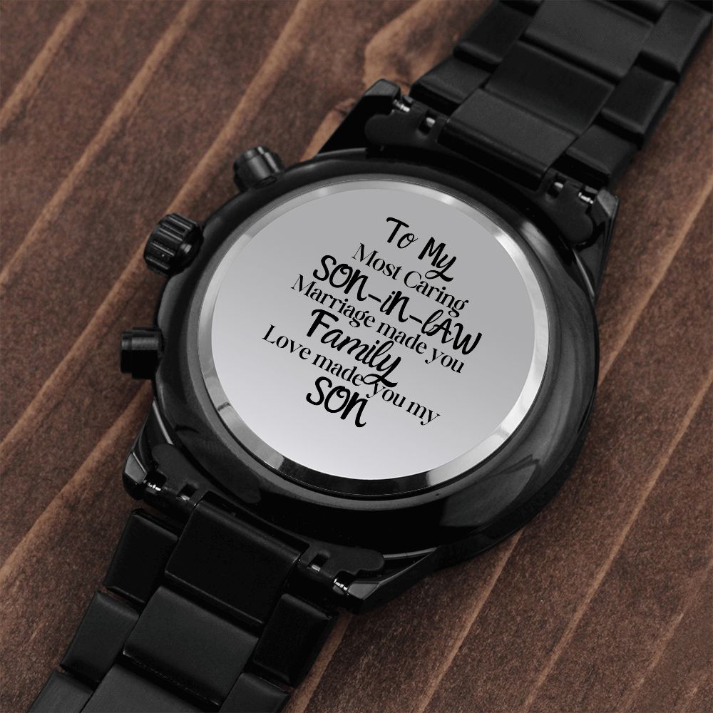 To My Son-In-Law Engraved Design Black Chronograph Watch Gift For Him