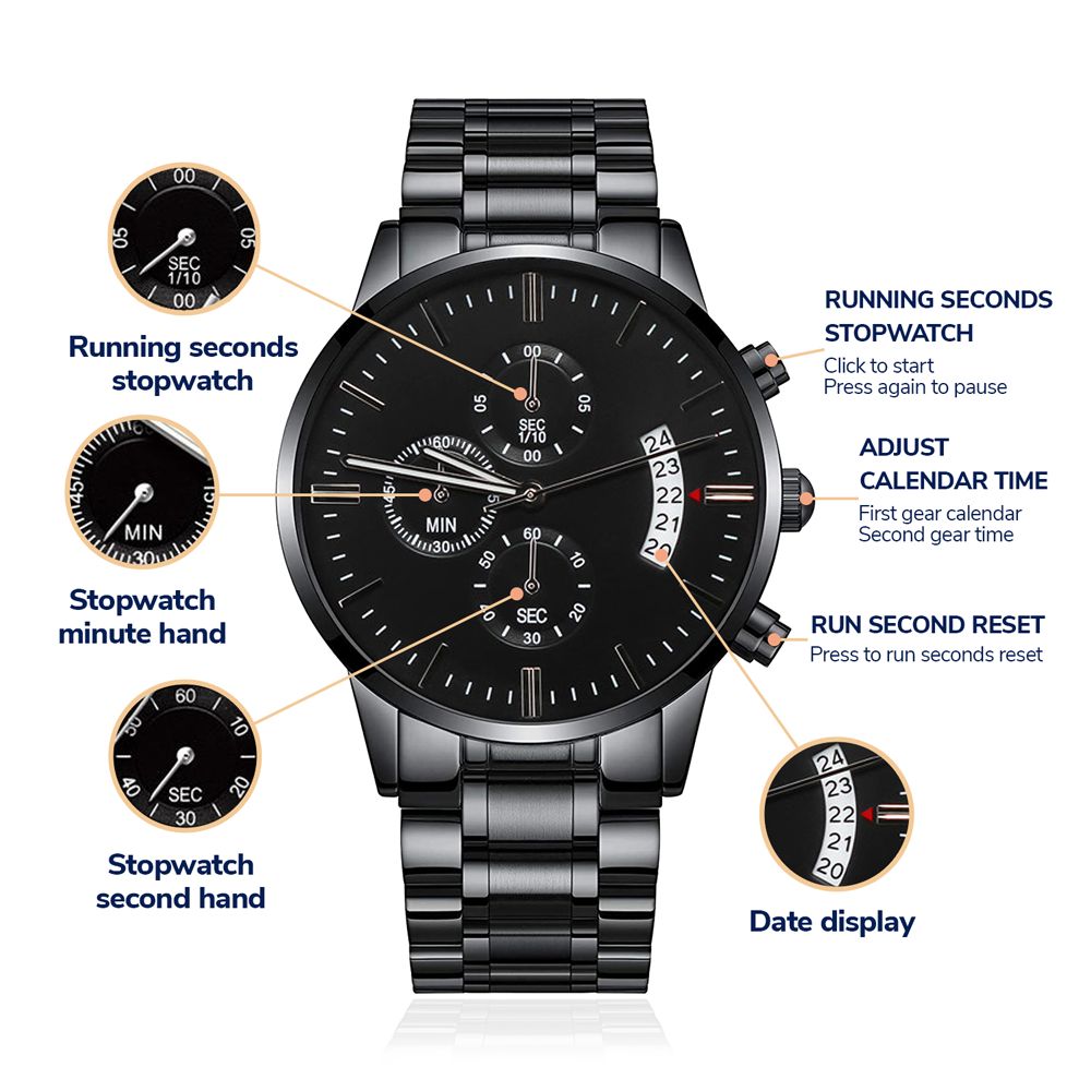 Engraved Design Black Chronograph Watch Gift For Him