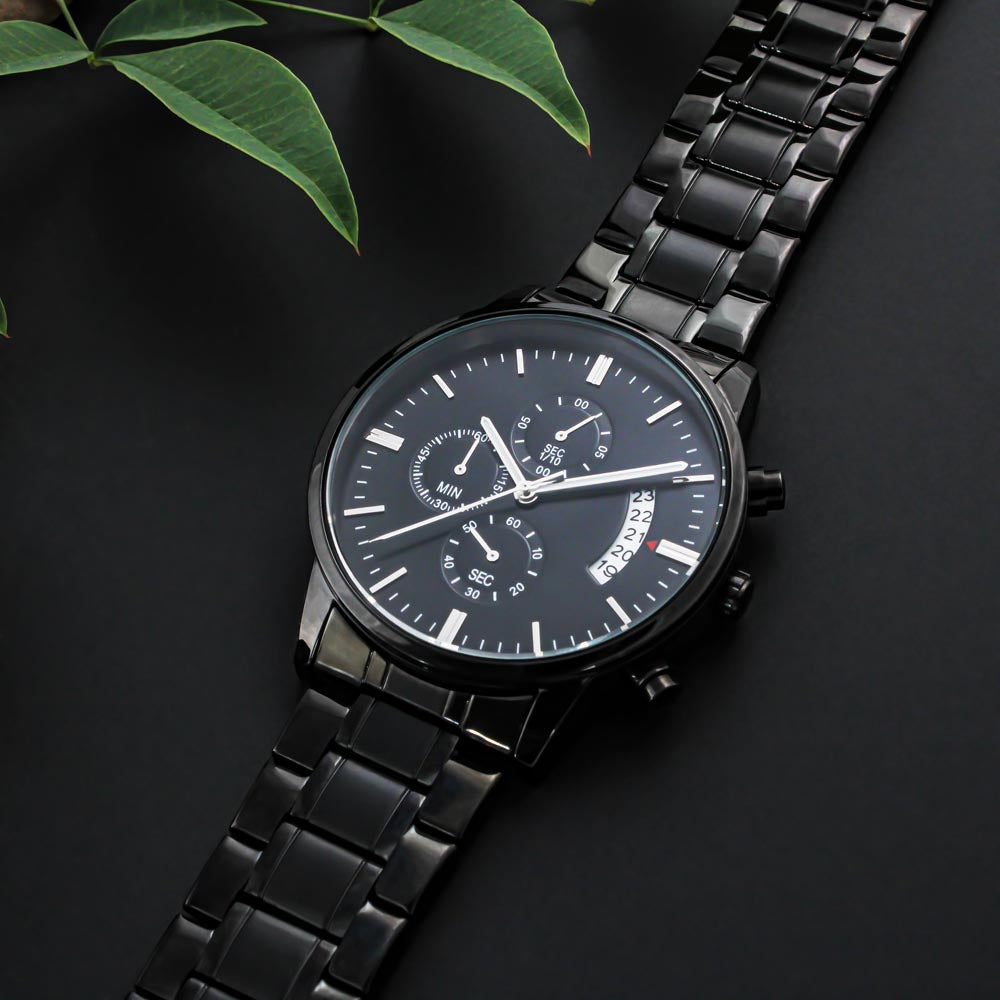 Engraved Design Black Chronograph Watch Gift For Him