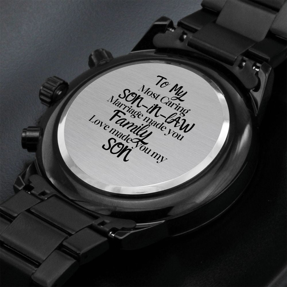 To My Son-In-Law Engraved Design Black Chronograph Watch Gift For Him