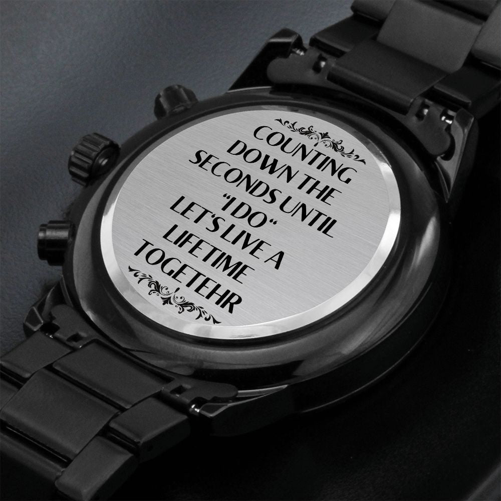 Husband To Be Wedding Gift From Bride To The Groom Of Engraved Design Black Chronograph Watch