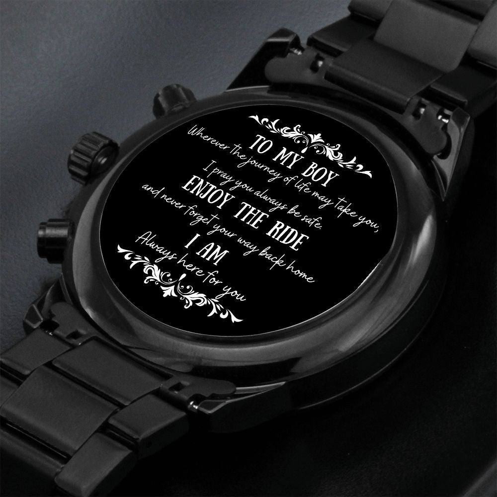 To My Boy Engraved Design Black Chronograph Watch Gift For Him