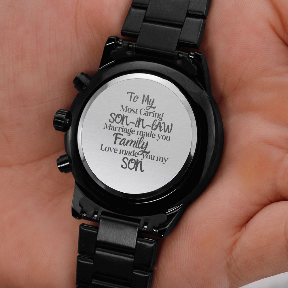 To My Son-In-Law Engraved Design Black Chronograph Watch Gift For Him