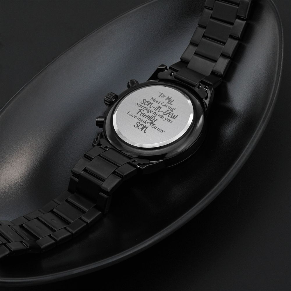To My Son-In-Law Engraved Design Black Chronograph Watch Gift For Him