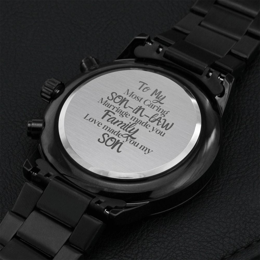 To My Son-In-Law Engraved Design Black Chronograph Watch Gift For Him