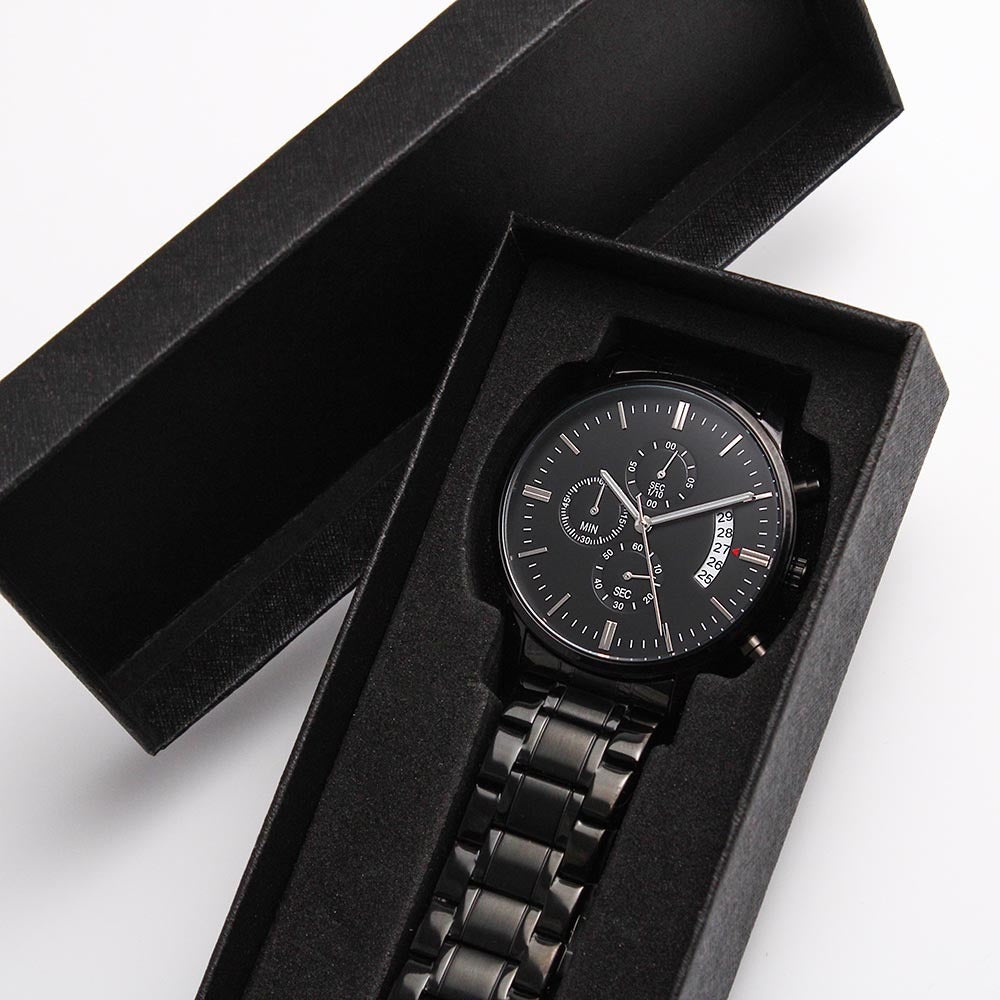 Engraved Design Black Chronograph Watch Gift For Him