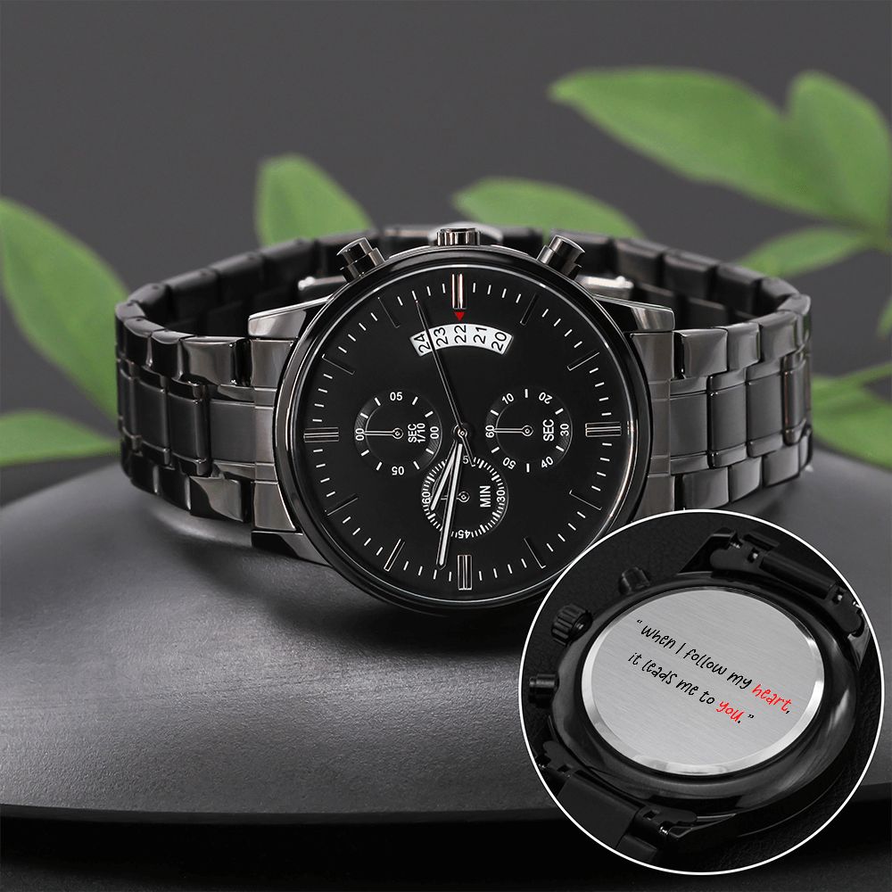 Engraved Design Black Chronograph Watch Gift For Him