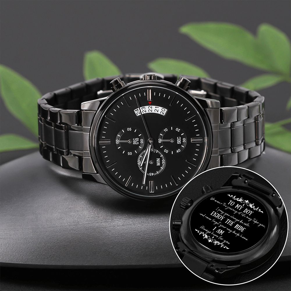 To My Boy Engraved Design Black Chronograph Watch Gift For Him