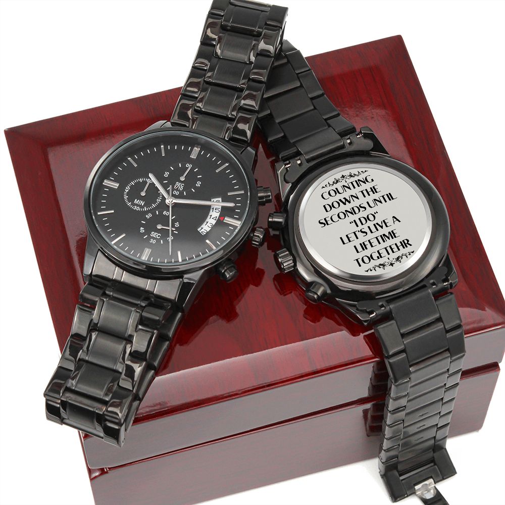 Husband To Be Wedding Gift From Bride To The Groom Of Engraved Design Black Chronograph Watch