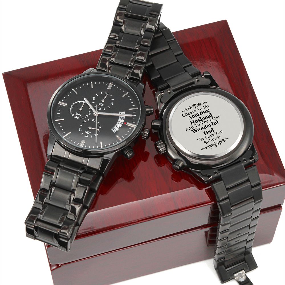 To My Amazing Husband Engraved Design Black Chronograph Watch Gift For Him