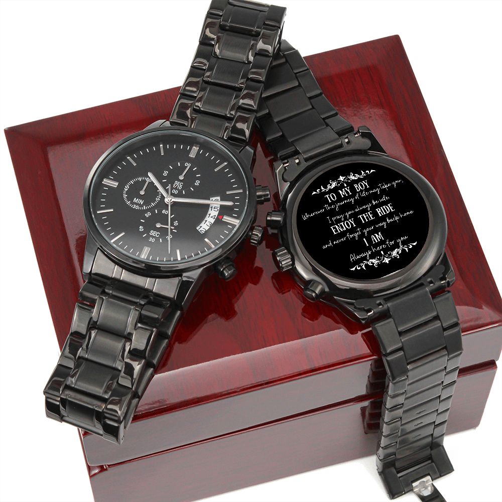 To My Boy Engraved Design Black Chronograph Watch Gift For Him