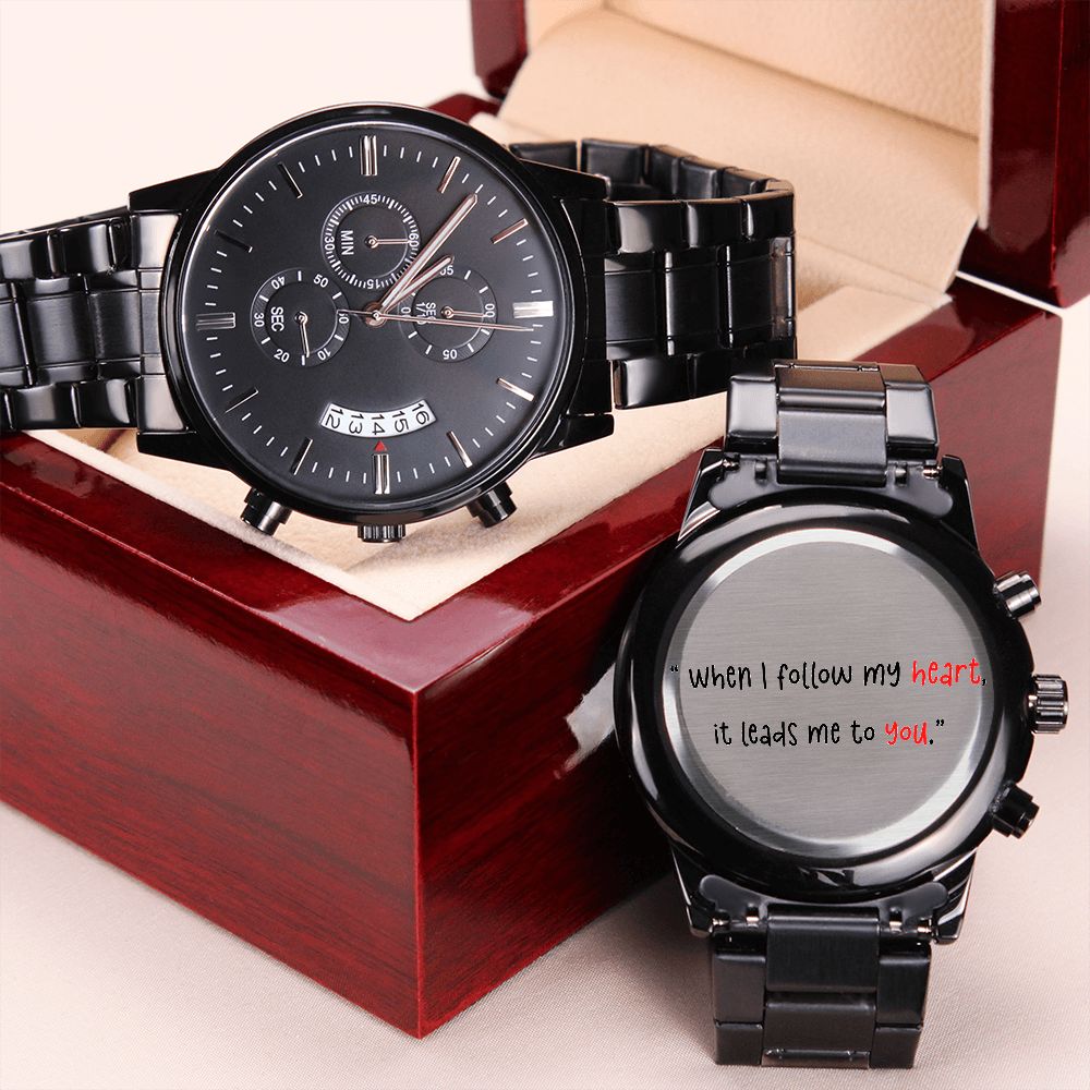 Engraved Design Black Chronograph Watch Gift For Him