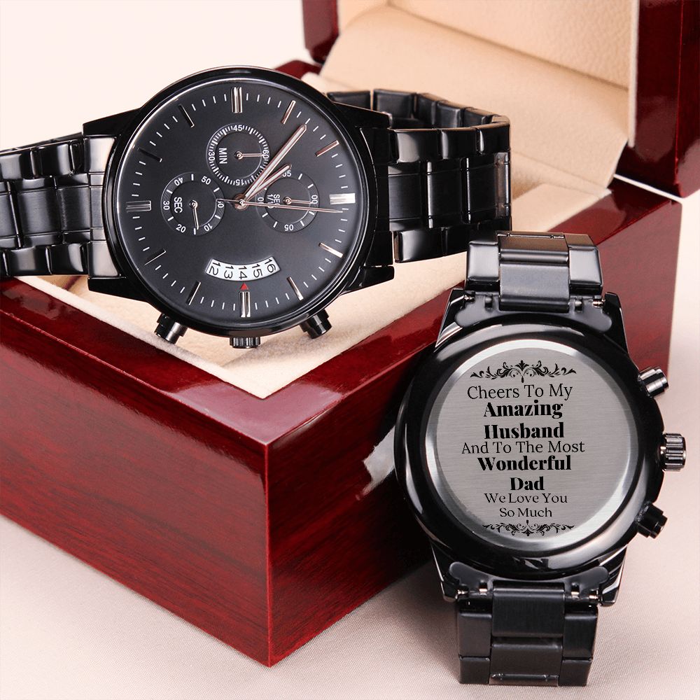 To My Amazing Husband Engraved Design Black Chronograph Watch Gift For Him