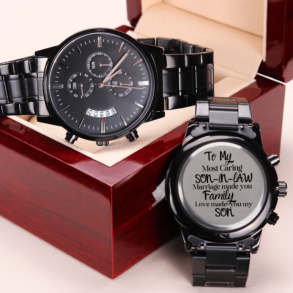 To My Son-In-Law Engraved Design Black Chronograph Watch Gift For Him