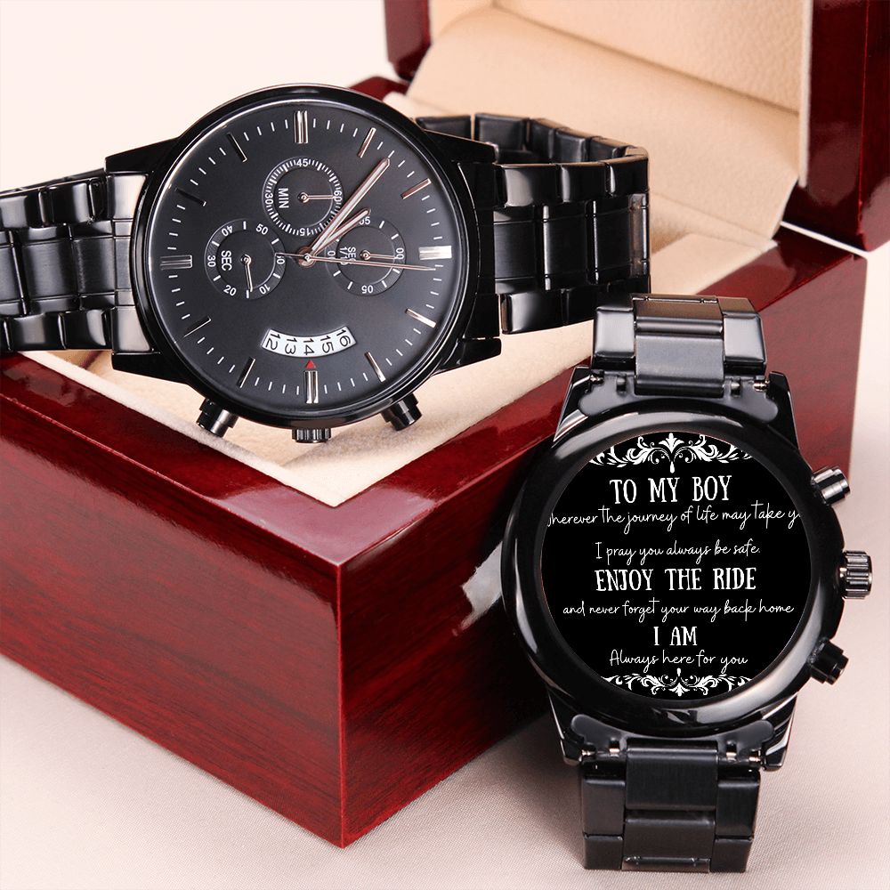 To My Boy Engraved Design Black Chronograph Watch Gift For Him
