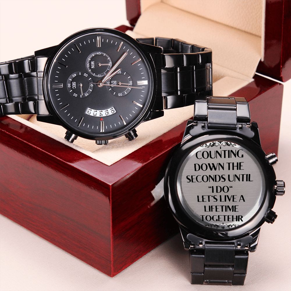 Husband To Be Wedding Gift From Bride To The Groom Of Engraved Design Black Chronograph Watch