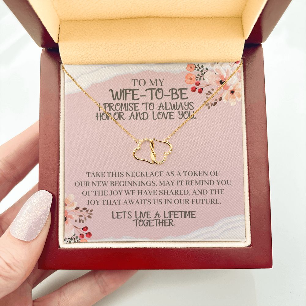 To My Wife-To-Be Solid Gold Interlocking Hearts Necklace with Pave Diamonds Gift For The Bride