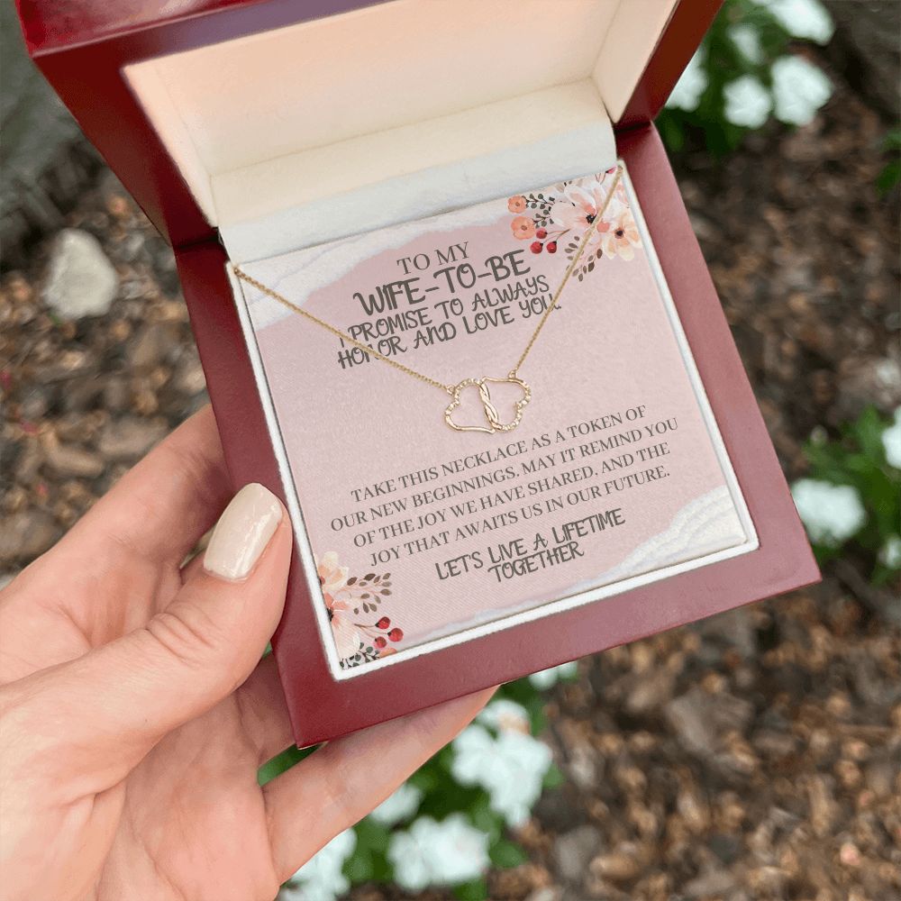 To My Wife-To-Be Solid Gold Interlocking Hearts Necklace with Pave Diamonds Gift For The Bride