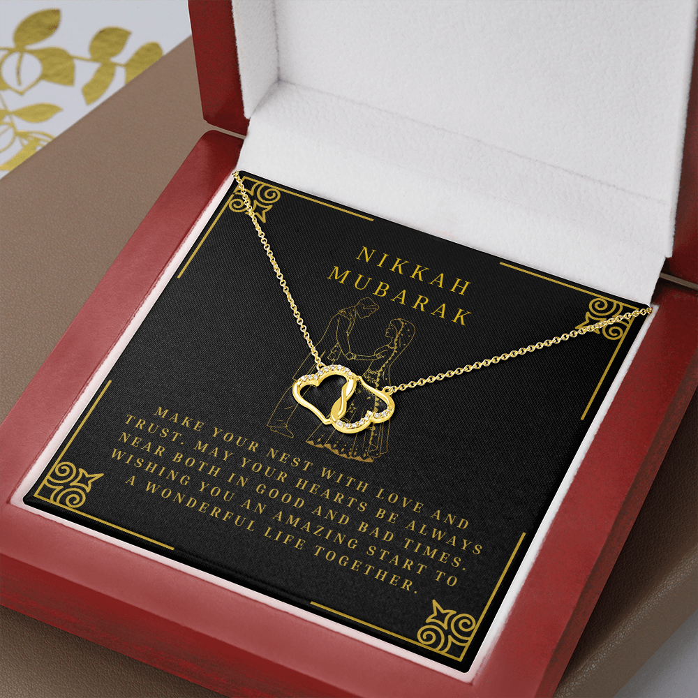 Nikkah Mubarak Muslim Wedding Bridal Gift For Her - 10K Solid Gold Interlocking Hearts Necklace with 18 Pave Set Diamonds