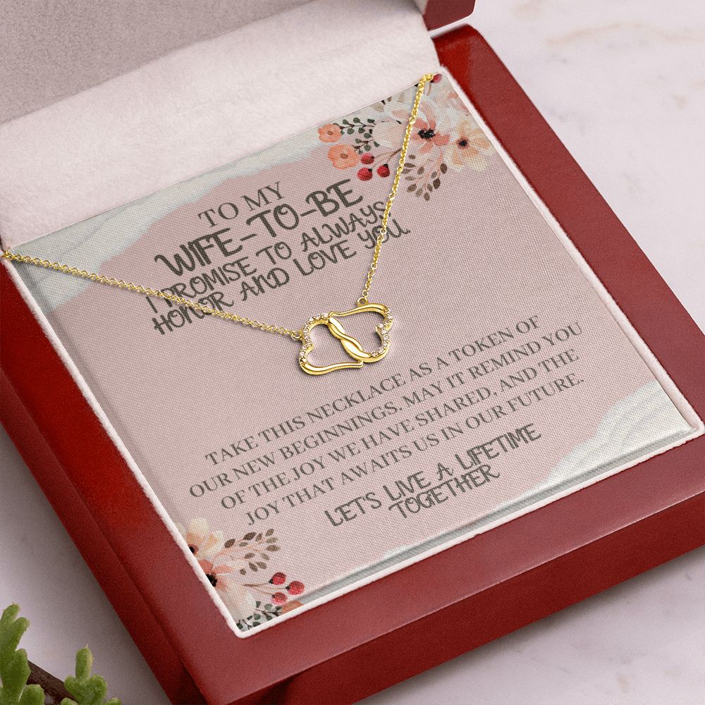 To My Wife-To-Be Solid Gold Interlocking Hearts Necklace with Pave Diamonds Gift For The Bride