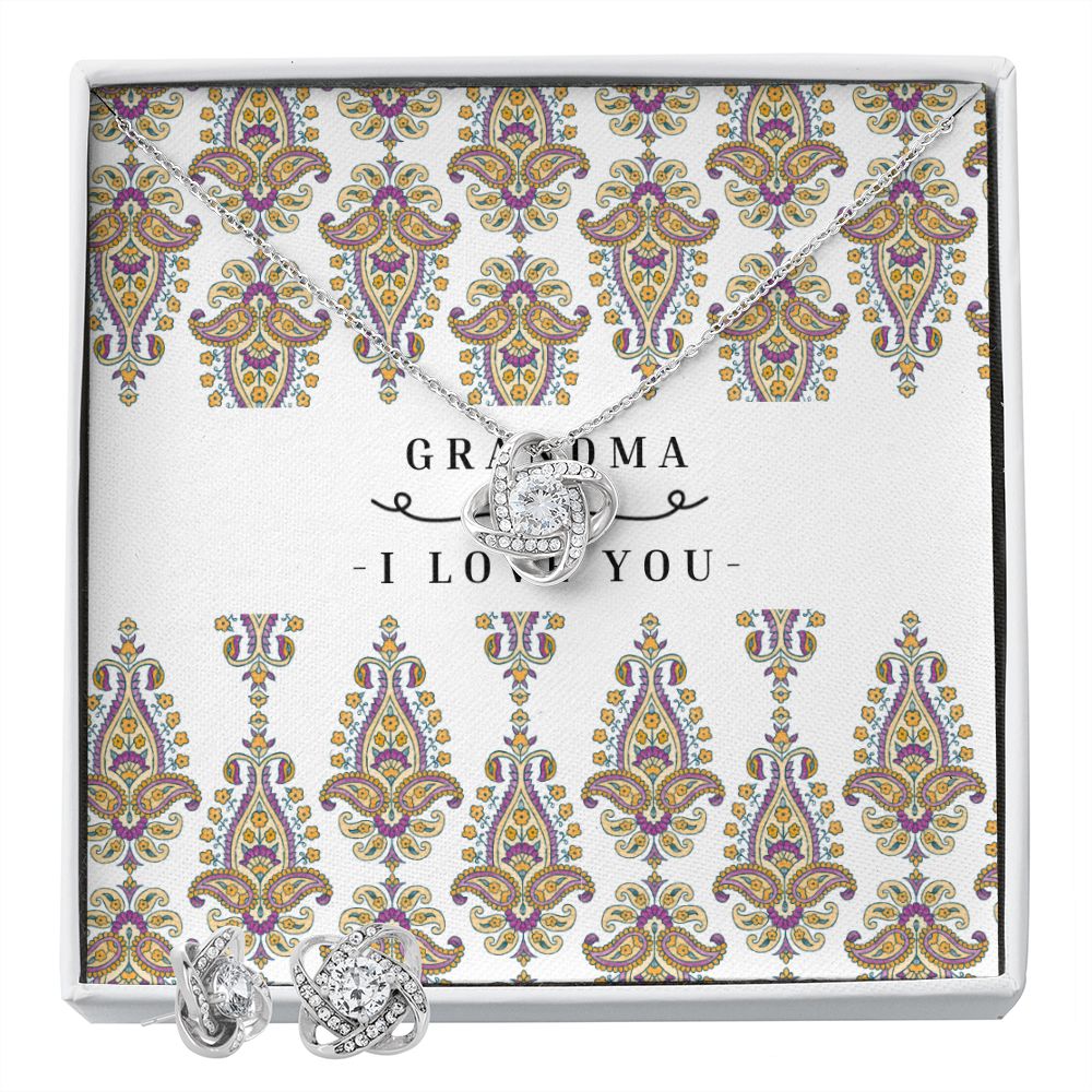 Love Knot 14k White Gold Earing and Necklace Set For Grandma