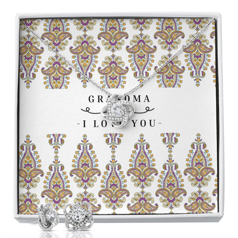 Love Knot 14k White Gold Earing and Necklace Set For Grandma