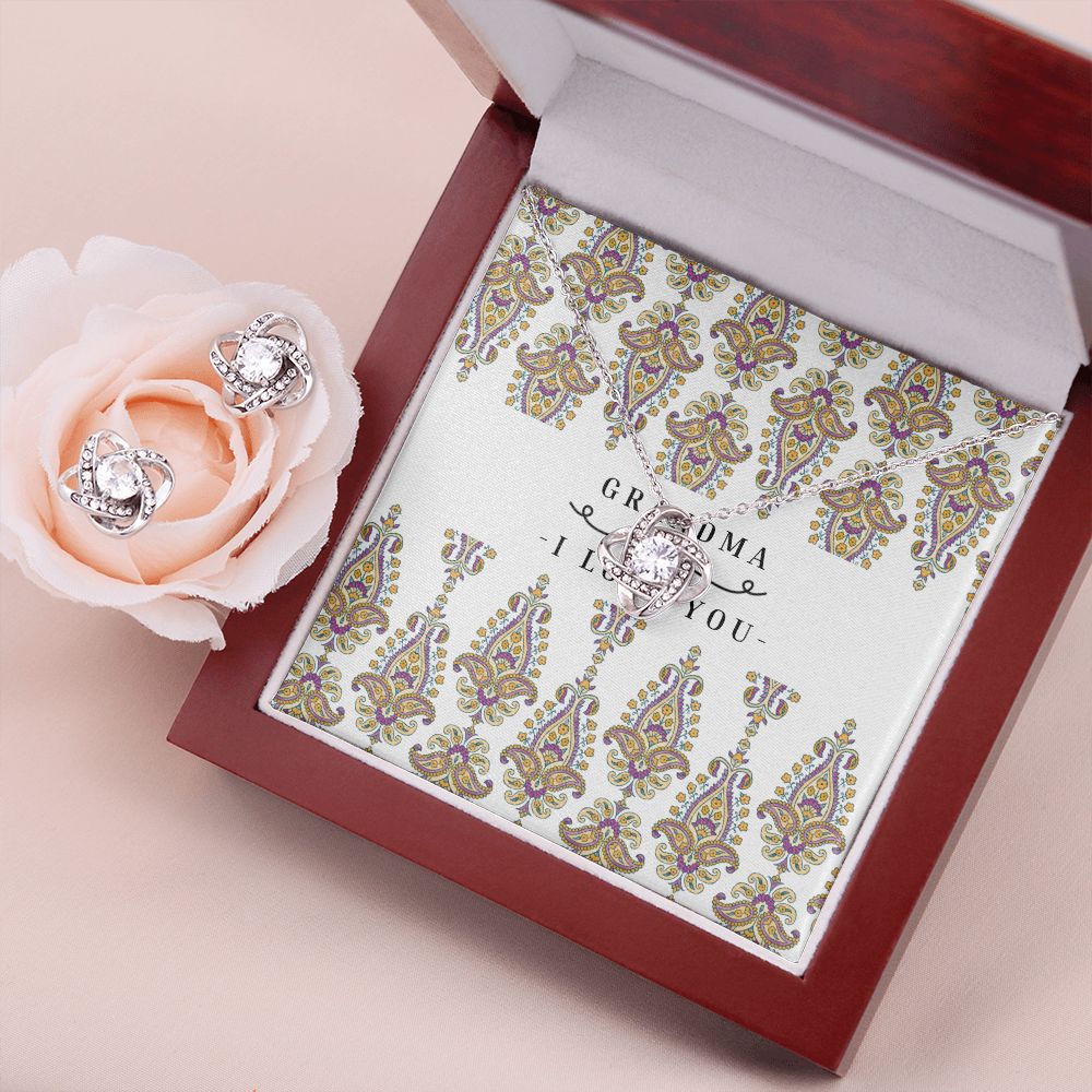 Love Knot 14k White Gold Earing and Necklace Set For Grandma