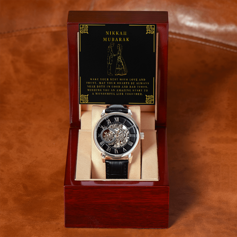 Men's Nikkah Gift - Black Openwork Watch - Muslim Men Wedding Gift