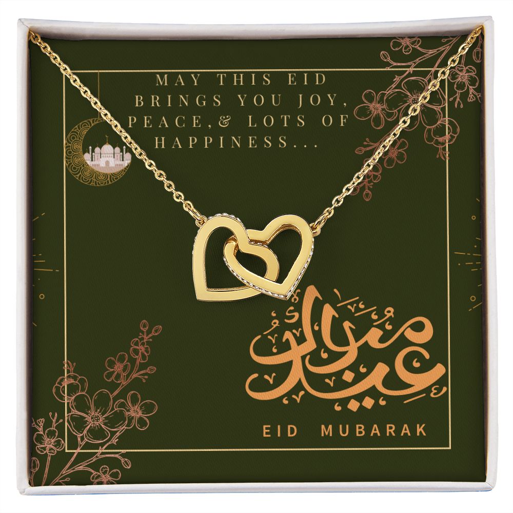 Eid Mubarak Two Heart Interlocking Necklace (Yellow & White Gold Variant) Gift For Her