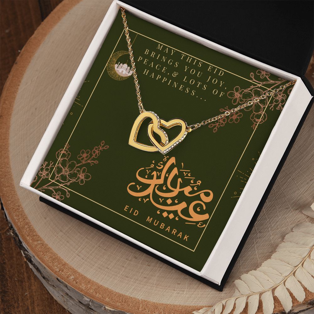 Eid Mubarak Two Heart Interlocking Necklace (Yellow & White Gold Variant) Gift For Her