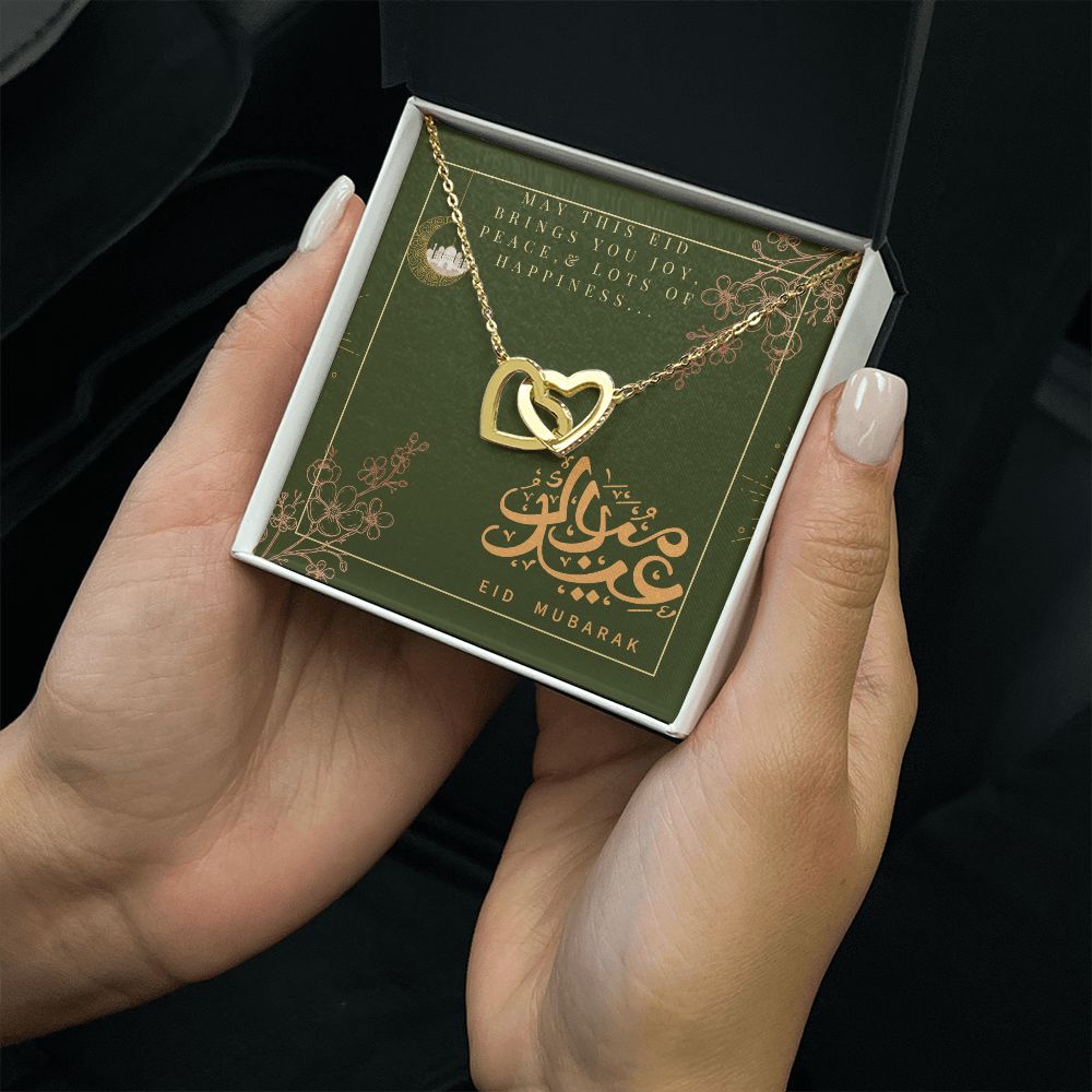 Eid Mubarak Two Heart Interlocking Necklace (Yellow & White Gold Variant) Gift For Her