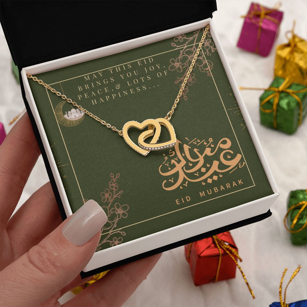 Eid Mubarak Two Heart Interlocking Necklace (Yellow & White Gold Variant) Gift For Her