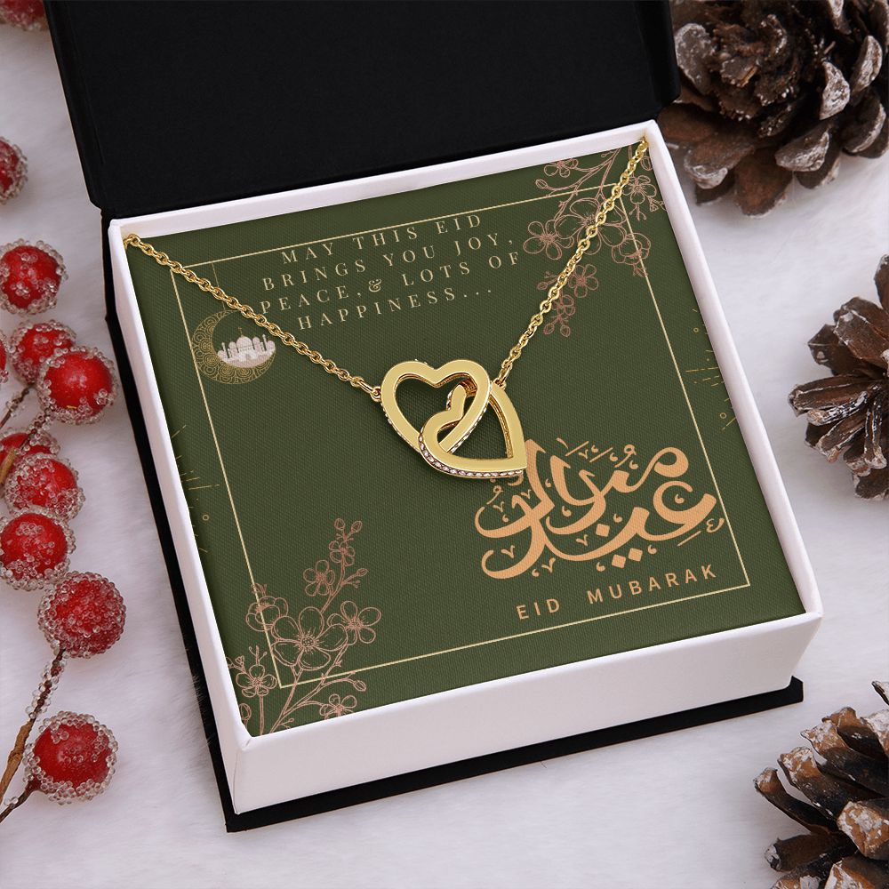 Eid Mubarak Two Heart Interlocking Necklace (Yellow & White Gold Variant) Gift For Her
