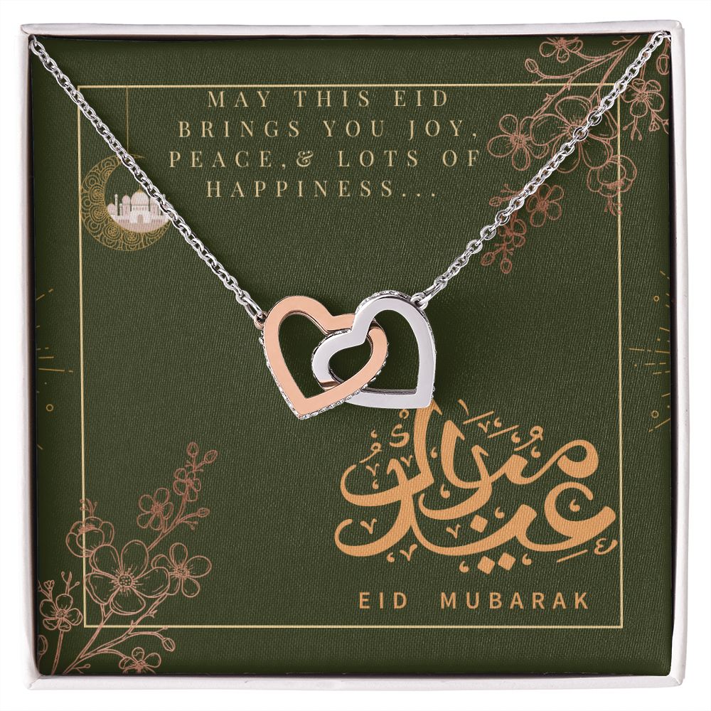 Eid Mubarak Two Heart Interlocking Necklace (Yellow & White Gold Variant) Gift For Her
