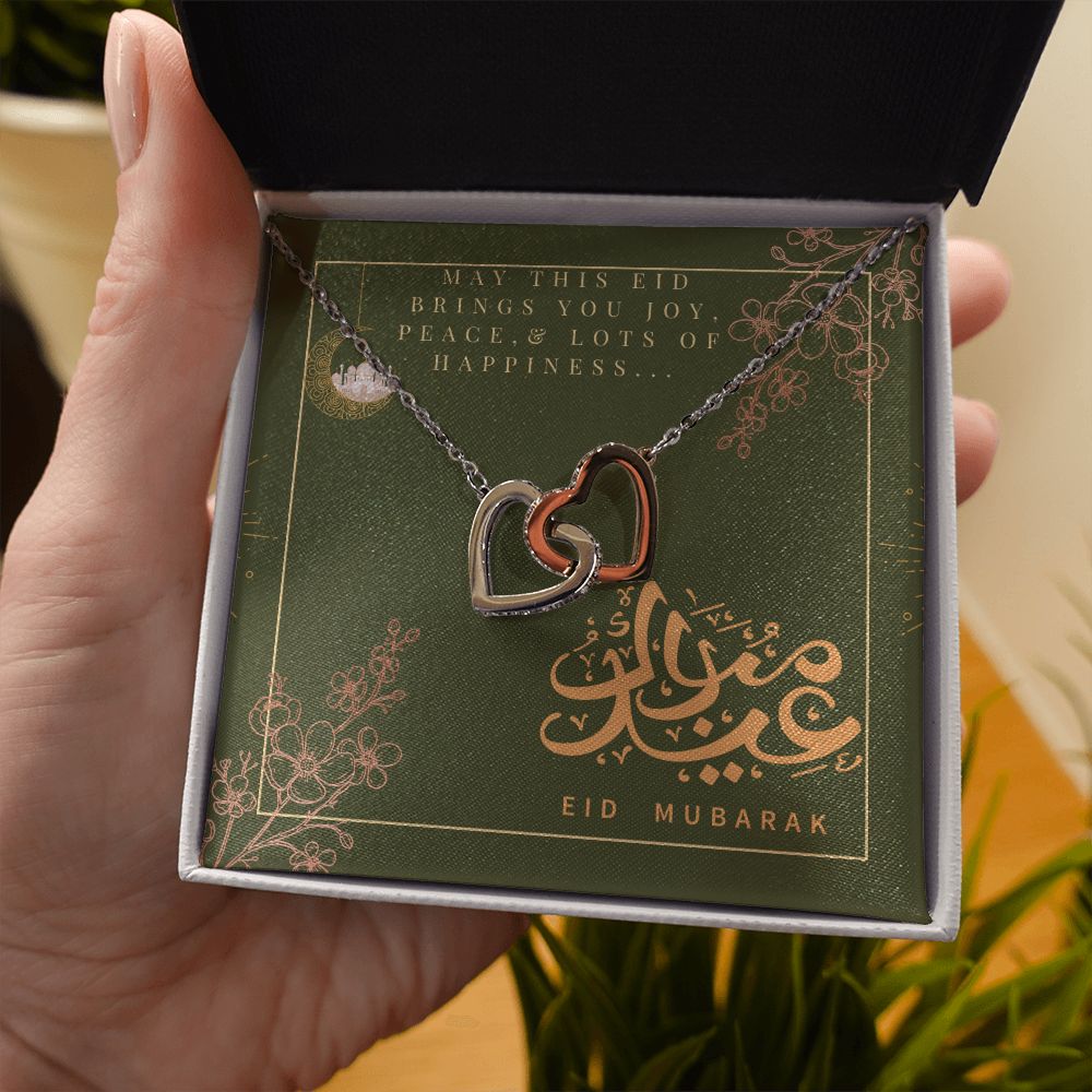 Eid Mubarak Two Heart Interlocking Necklace (Yellow & White Gold Variant) Gift For Her